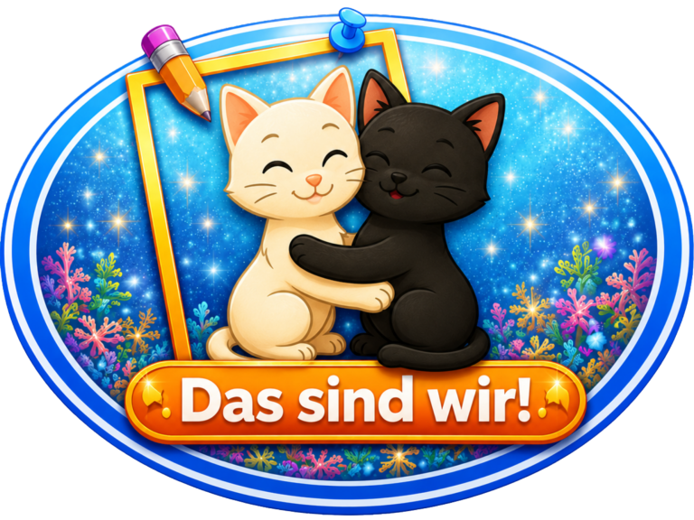 Zwei Katzen, eine weiße und eine schwarze, umarmen sich vor einem glitzernden Hintergrund.