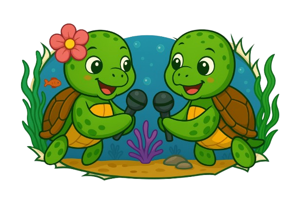 Zwei fröhliche Schildkröten mit Mikrofonen unter Wasser, umgeben von Pflanzen und einer Blume.