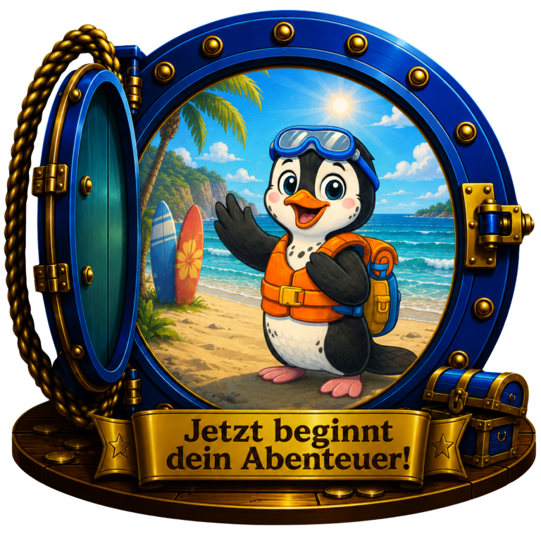 Ein fröhlicher Pinguin mit Rucksack und Sonnenbrille vor einem bunten Hintergrund.