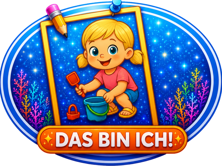 Das bin ich! Ein junges Mädchen spielt am Strand mit einer Schaufel und einem Eimer. Text: "DAS BIN ICH!"