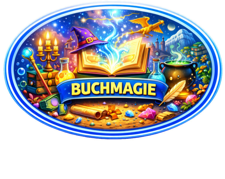 Buntes, fantasievolles Design eines magischen Buches mit Zauberutensilien.