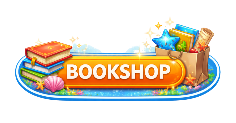 Bookshop Bunte Buchhandlung mit gestapelten Büchern und einer Tasche voller Bücher und Sterne.