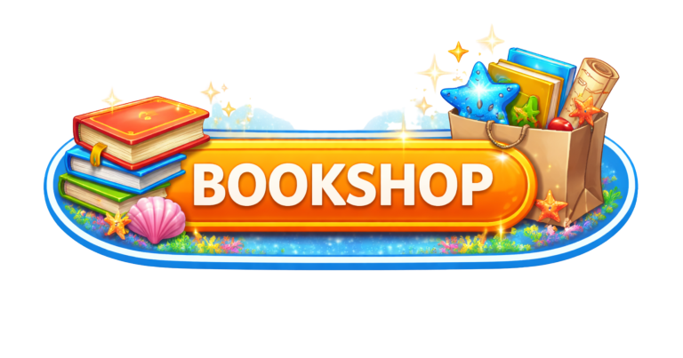 Bunte Buchstaben für „BOOKSHOP“ mit Stapel Bücher und Kiste voller Gegenstände.