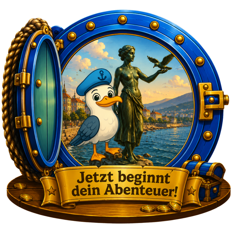 Jetzt beginnt Dein Abenteuer! Eine Statue mit einem Vogel und ein Seemöwe, umrahmt von einer goldenen Bordüre.