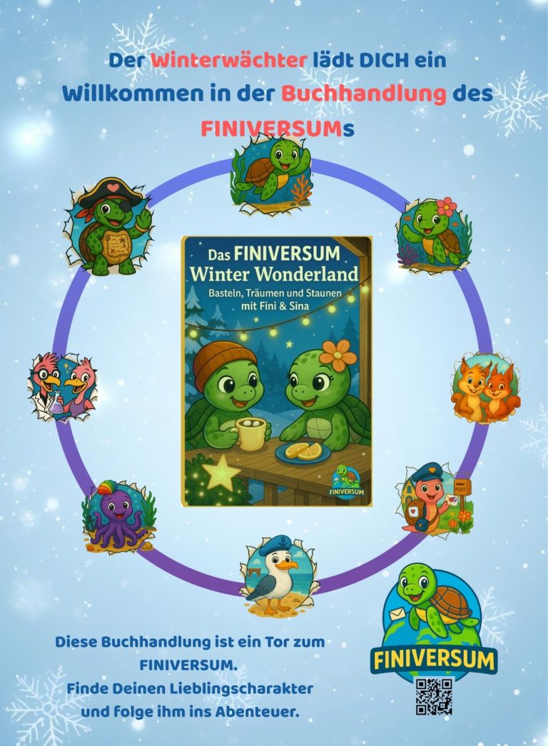 Bunte Comicfiguren umrahmen das Cover eines Kinderbuches über das Winterland.