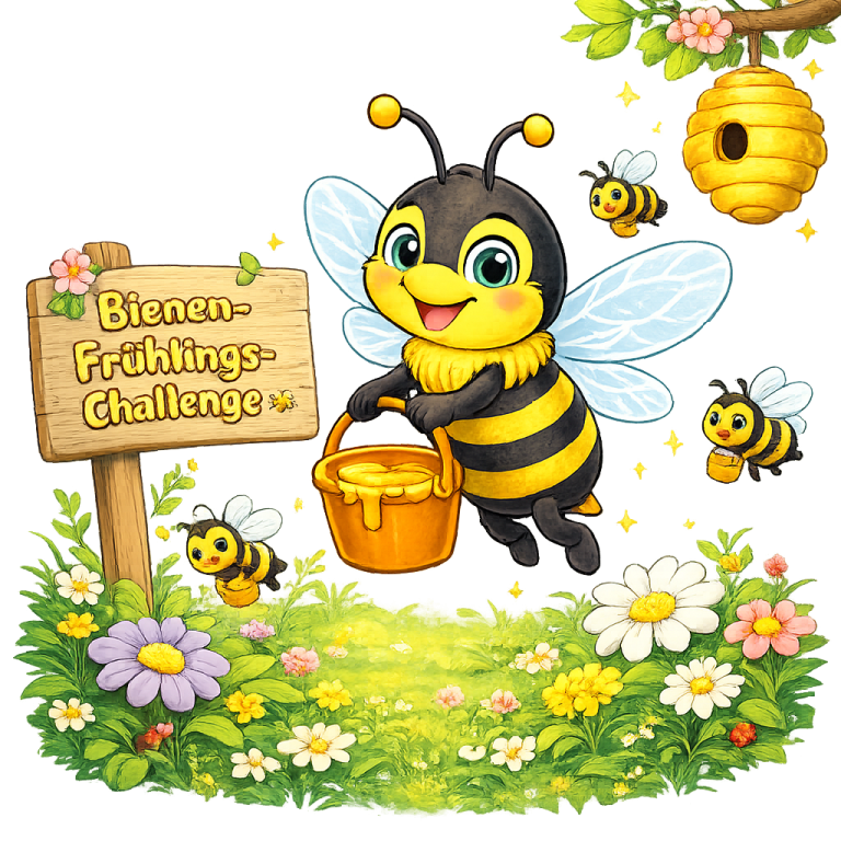 Eine fröhliche Biene trägt einen Eimer Honig umgeben von Blumen und weiteren Bienen.