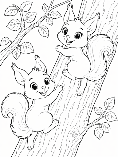 Ausmalbild von Eichi & Emma, den Eichhörnchen Ausmalbild zweier niedlicher Eichhörnchen, die an einem Baum entlang klettern.