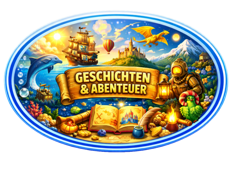 Bunte Illustration mit dem Text "Geschichten & Abenteuer" und fantastischen Szenen.