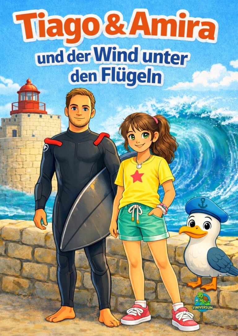 Tiago und Amira stehen am Strand, umgeben von Wellen und einem Leuchtturm.