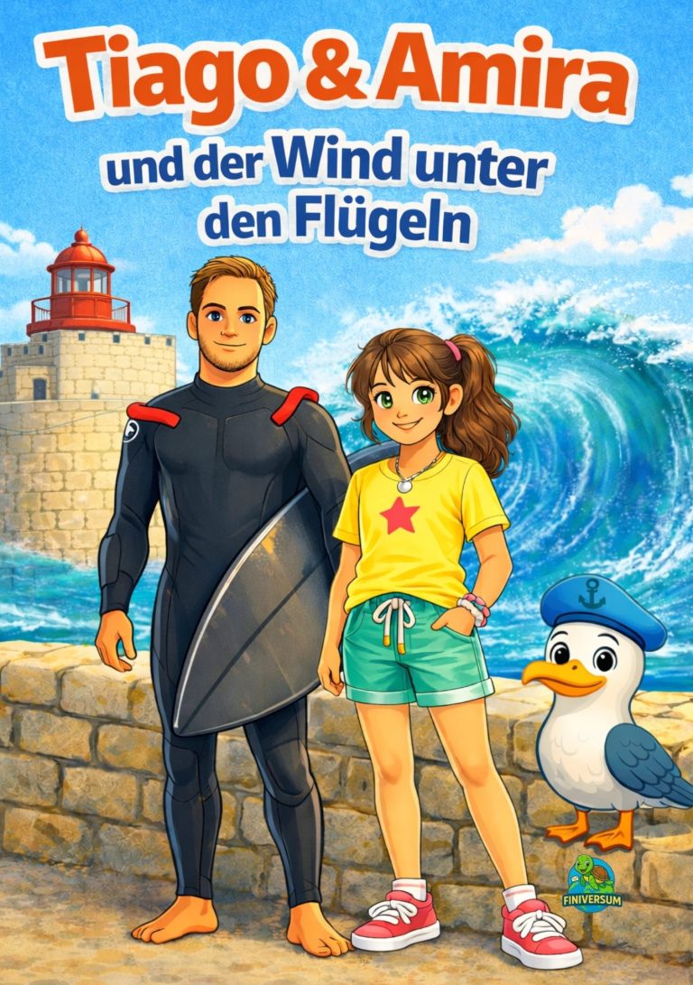 Tiago und Amira stehen am Strand, umgeben von Wellen und einem Leuchtturm. Ein Vogel ist dabei.
