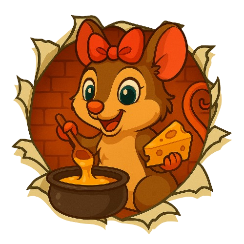 Lotti die Beutelratte mit einer roten Schleife rührt in einem Topf und hält Käse.