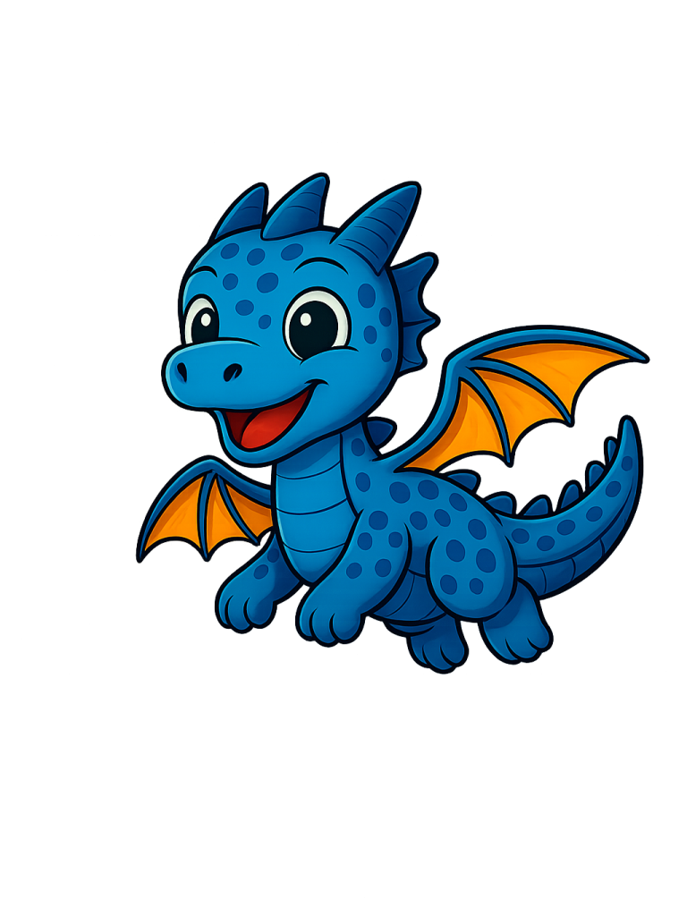 Blauer Drache mit orangefarbenen Flügeln, lächelt freundlich.