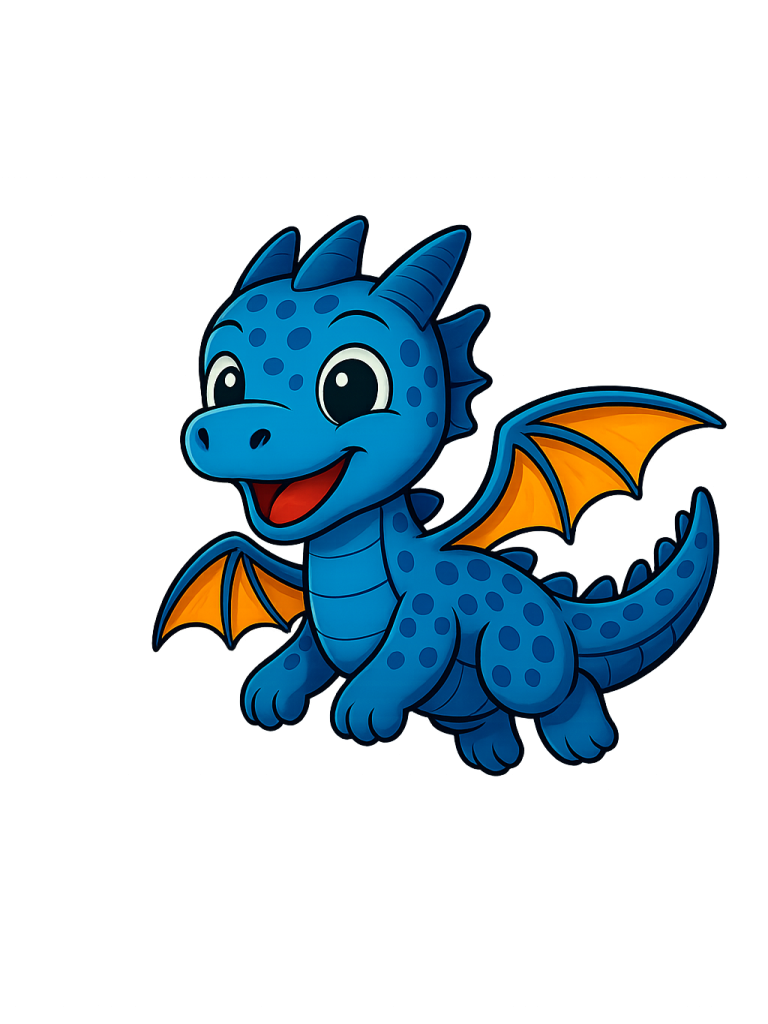 Süßer blauer Drache mit orangefarbenen Flügeln und lächelndem Gesicht.