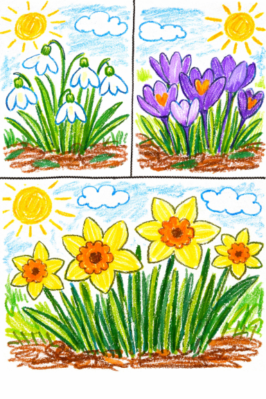 Frühjahrsblüher Drei Bilder mit frühlingshaften Blumen: Schneeglöckchen, Krokusse und Osterglocken.