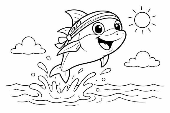 Lustiger Delfin springt aus dem Wasser, trägt ein Kopftuch, sonniger Himmel im Hintergrund.