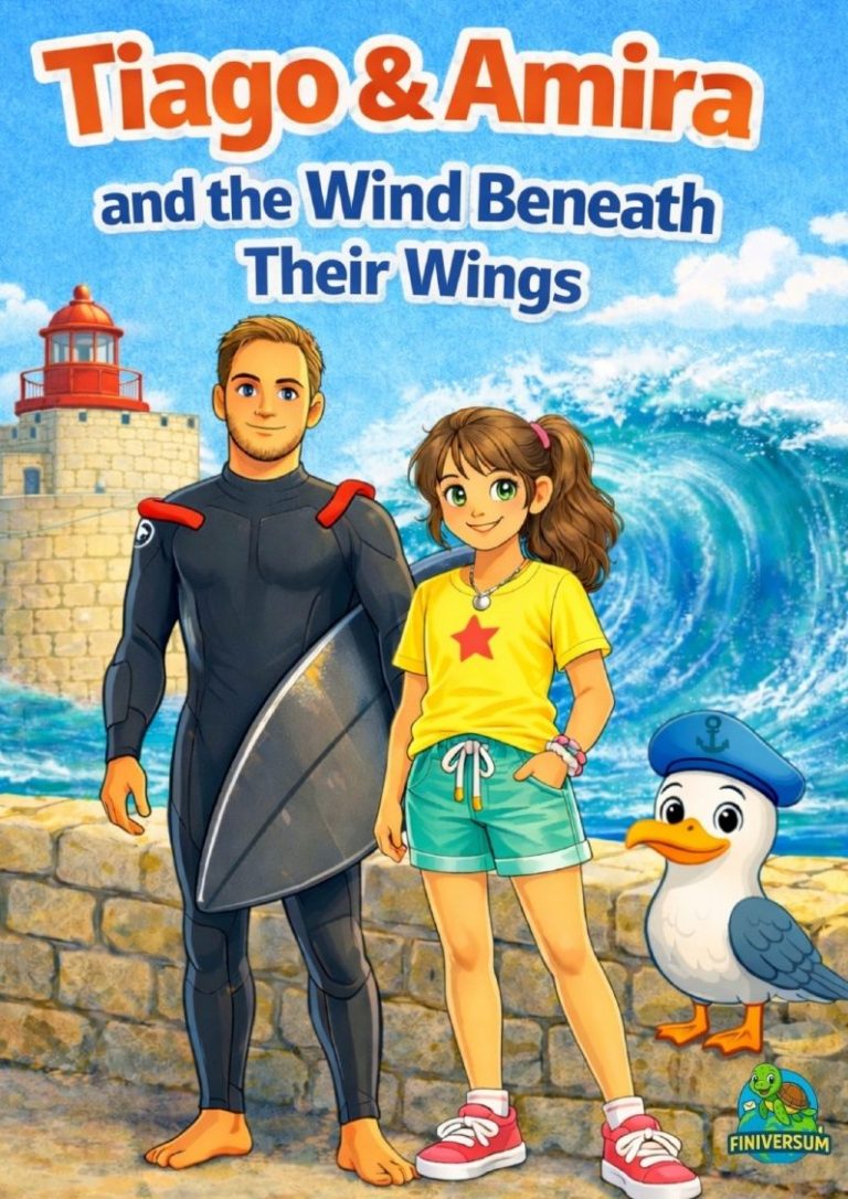 Tiago und Amira stehen am Meer, umgeben von Wellen, und einem Vogel auf der Mauer.