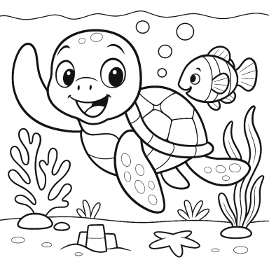 Eine fröhliche Schildkröte schwimmt mit einem kleinen Fisch zwischen Wasserpflanzen.