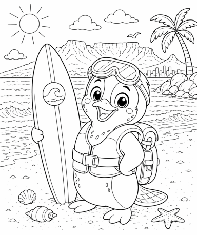 Ein Pinguin mit Surfleembergurt und Sonnenbrille an einem Strand.