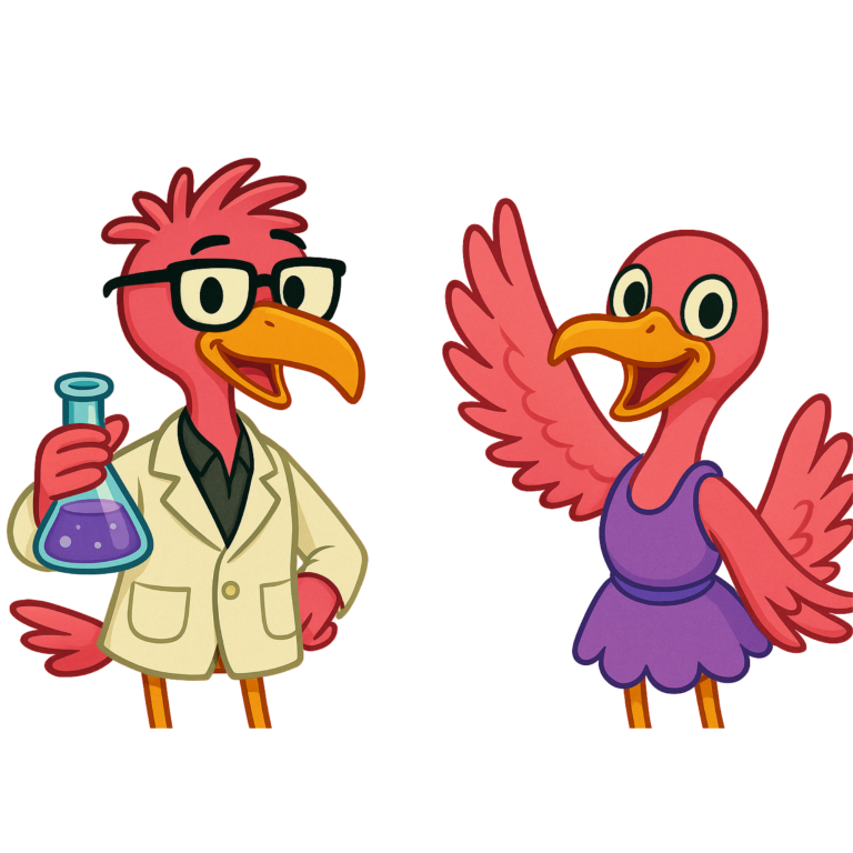 Zerzauster Erfinder-Flamingo mit Schutzbrille & Kokosnuss neben einer glitzernden Flamingo-Dame mit Zauberfedern auf einer bunten Insel
