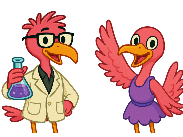 Zwei bunte Vögel, einer im Laborkittel mit Reagenzglas, der andere im Kleid.
