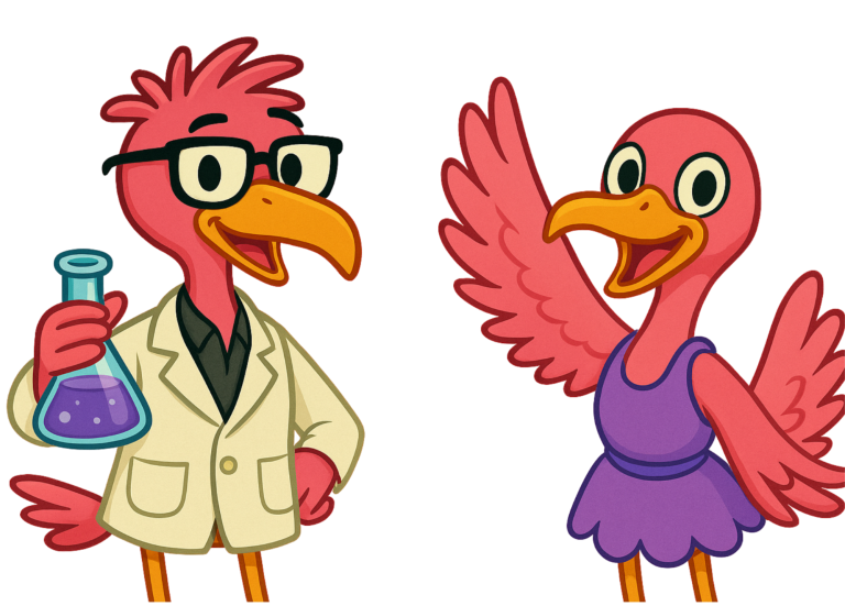 Zwei cartoonhafte Vögel, einer in Laborkittel mit Flasche, der andere mit Kleid und Flügeln.