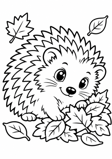 Ausmalbild: Igel spielt im Laub