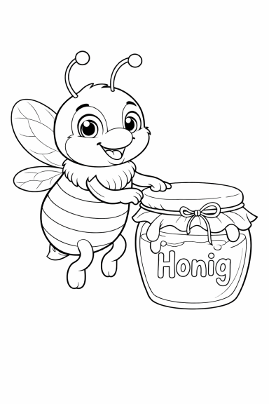 Eine glückliche Biene steht neben einem Honigglas mit der Aufschrift "Honig".