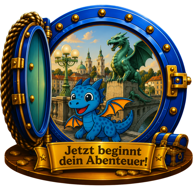 Jetzt beginnt Dein Abenteuer! Ein kleiner blauer Drache mit Flügeln vor einer Stadtansicht auf einer Brücke.