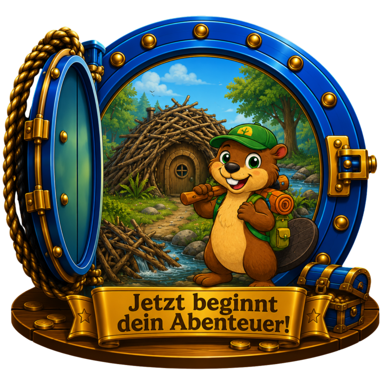 Jetzt beginnt Dein Abenteuer! Ein fröhlicher Waschbär zeigt auf eine Hütte und lädt zu einem Abenteuer ein.