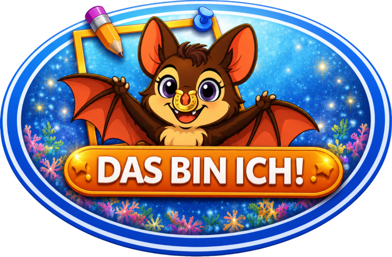 Buntes Logo mit Text "DAS BIN ICH!" und einem Rahmen für persönliche Inhalte.