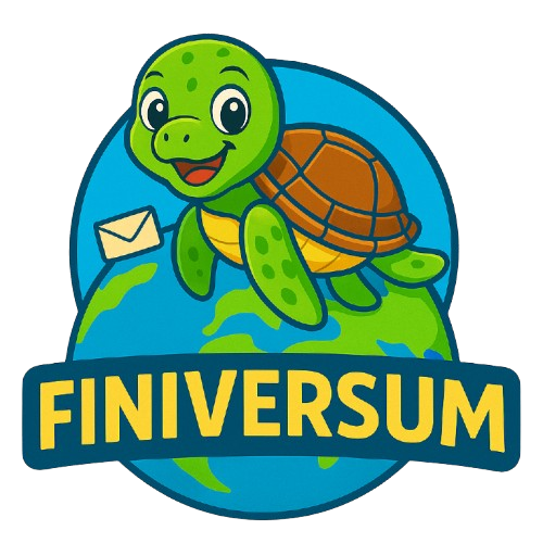 Willkommen im FINIVERSUM! Ein lächelnder Fini Flosse mit Brief über einem stilisierten Globus, unter dem Text "FINIVERSUM".