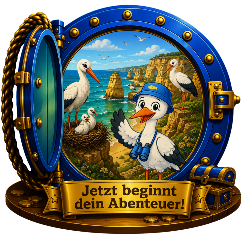 Bunte Hafenansicht mit einem Storch in Uniform, der ein Abenteuer ankündigt.