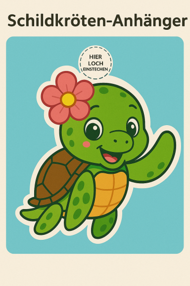 Sina, die Schildkröte mit Blume, freundlich und fröhlich, auf blauem Hintergrund.