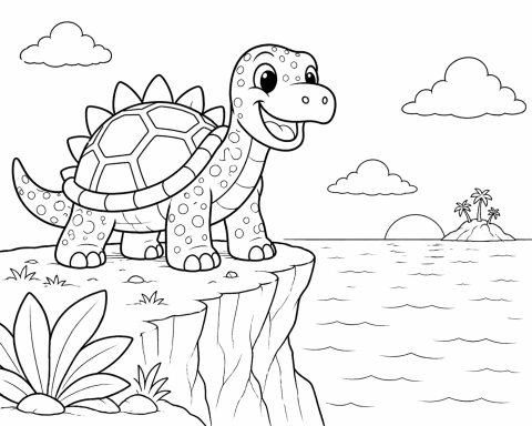 Bunte Schildkröte mit fröhlichem Gesicht auf einer Klippe mit Meerblick und Wolken.