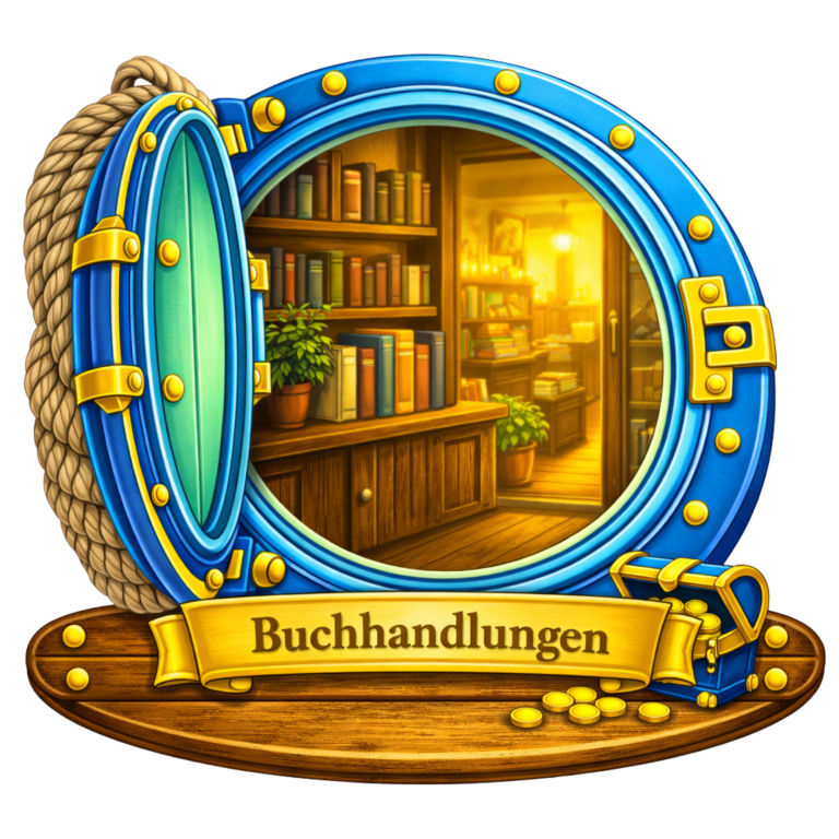 Blaues, runde Fenster mit Büchern in einem gemütlichen Buchladen.