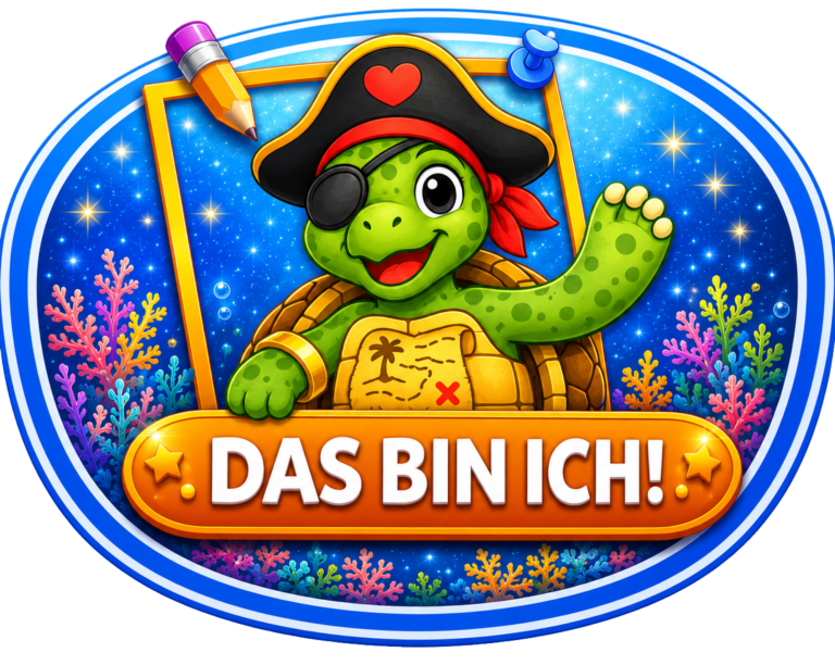 Bunte, funkelnde Grafik mit dem Text „DAS BIN ICH!“ und einem Bleistift.