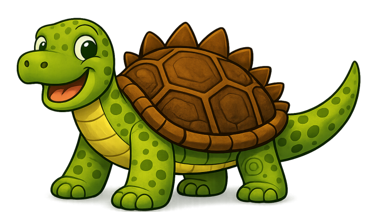 Eine fröhliche, grüne Schildkröte mit einem braunen, gepanzerten Rücken.