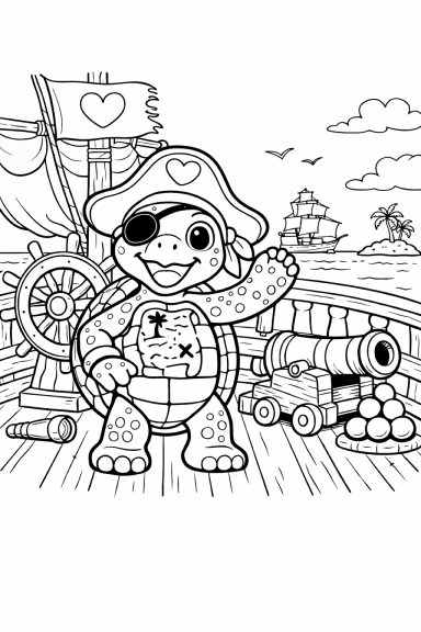 Ausmalbild einer Piratenschildkröte mit Augenklappe die vor einem Schiff und einer Kanone winkt.