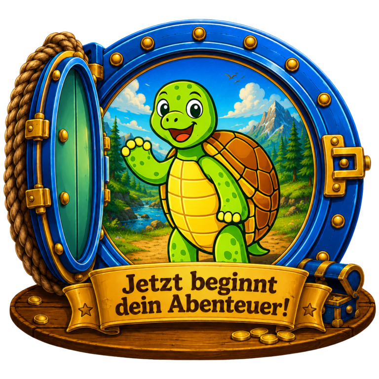 Eine fröhliche Schildkröte begrüßt zur Abenteuerreise in einer bunten Landschaft.