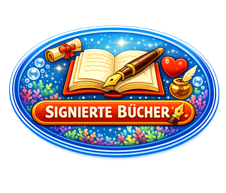Offene Buchillustration mit Feder, Tinte, Herz und der Aufschrift "Signierte Bücher".