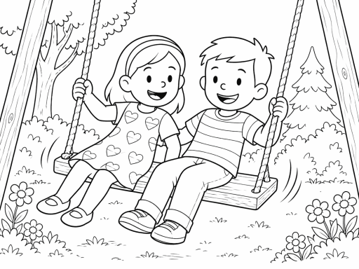 Zwei Kinder sitzen auf einer Schaukel und lächeln, umgeben von Bäumen und Blumen.