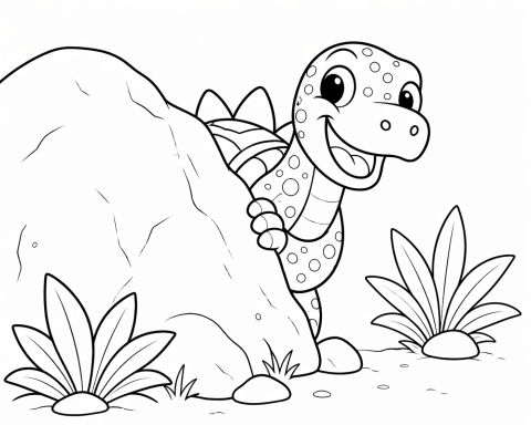 Ein fröhlicher Dinosaurier versteckt sich hinter einem großen Stein und blickt lächelnd hervor.