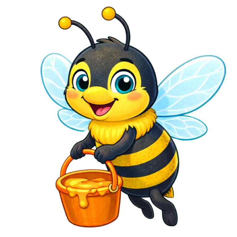 Eine fröhliche Biene mit einem Eimer Honig, mit blauen Flügeln und gelben Streifen.