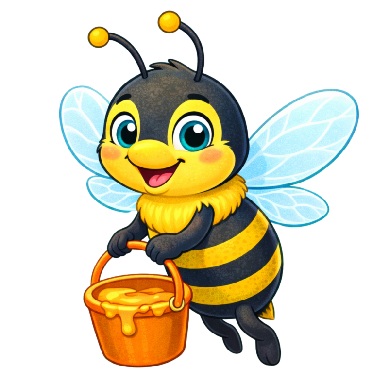 Eine freundliche Cartoon-Biene hält einen Eimer mit Honig.