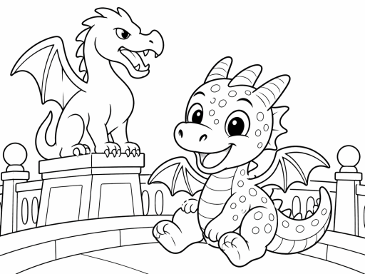 Lustiger Drache mit Flügeln sitzt lächelnd vor einem anderen Drachen auf einem Sockel.