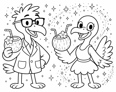 Zwei cartoonhafte Vögel halten Getränkeschalen mit Strohhalmen, umgeben von Sternen.