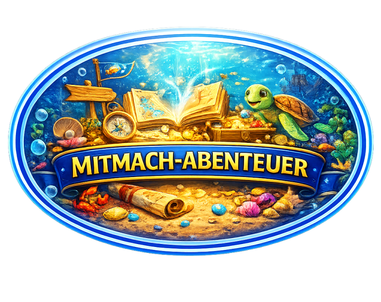 Logo mit dem Text "Mitmach-Abenteuer" und einer Schildkröte vor einem magischen Hintergrund.
