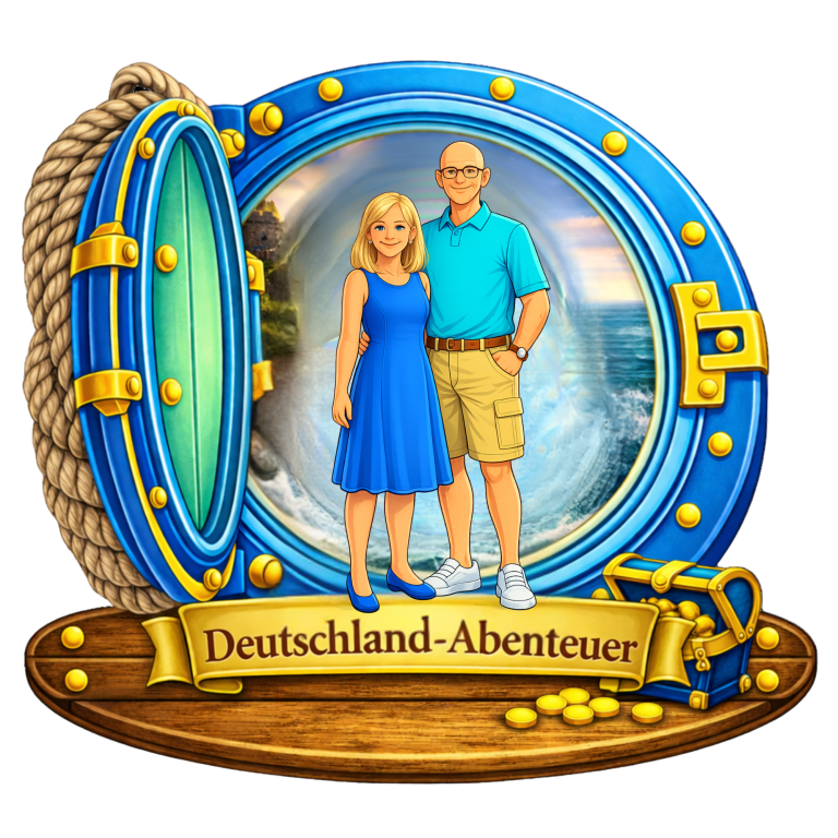 Paar steht vor einem maritimen Fenster mit Wasser und Abenteuermotiv, mit Schriftzug "Deutschland-Abenteuer".