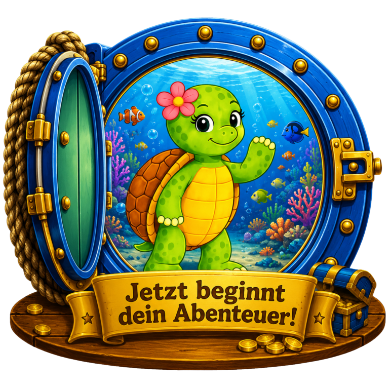 Jetzt beginnt Dein Abenteuer! Schildkröte mit einer Blume im Wasser, umgeben von bunten Korallen und Fischen.