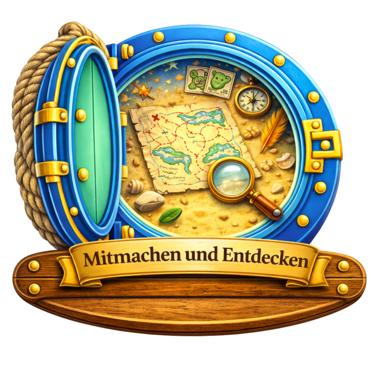 Ein blauer Kompass mit einer Schatzkarte und der Aufschrift "Mitmachen und Entdecken".